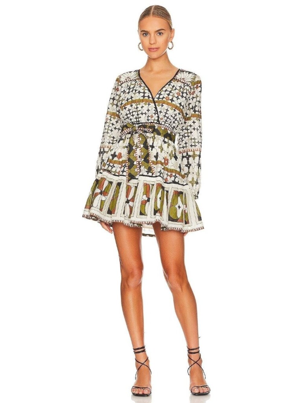 Cleobella White and Olive Green Printed Mini Dress
